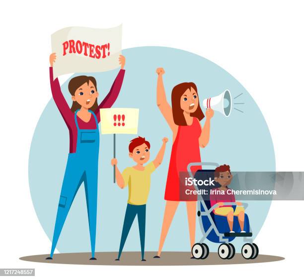 Child Protesting Cartoon Vector Characters Mothers With Children Protesting Stock Illustration ...