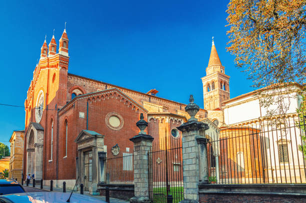 Santa Corona gothic style building, Roman Catholic church with Valmarana chapel tower in old historical city centre of Vicenza city, vertical view, Veneto region, Italy stock photo