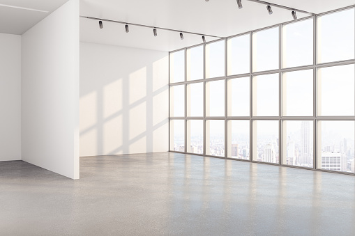 Minimalistic interior with window and copy space on white wall and megapolis city view. Mock up, 3D Rendering