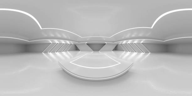 istock Full 360 degree equirectangular panorama hdri of modern futuristic white building interior 3d render illustration 1217252074