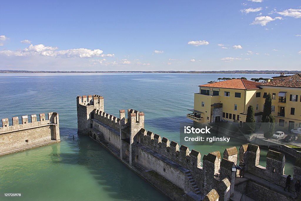 View on Lake Garda and ancient fortification.  Aerial View Stock Photo