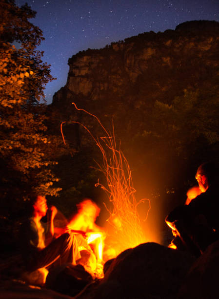 istock Group of hikers sit by campfire at dusk 1217260099