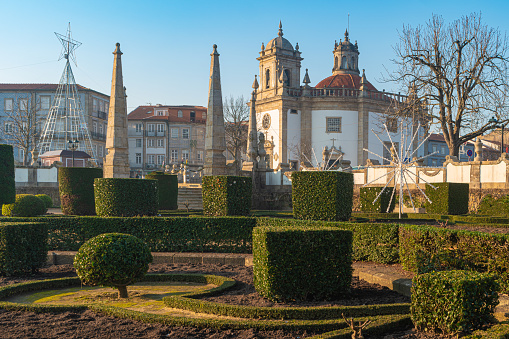 View at the Church Bom Jesus da Cruz with fountain in Barcelos. The town symbol is a rooster in Portuguese called Galo de Barcelos (Rooster of Barcelos).