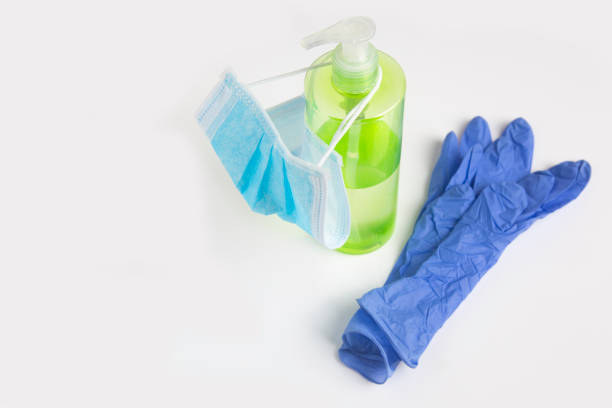 istock Prevention coronavirus antibacterial gel, mask and gloves. 1217265979