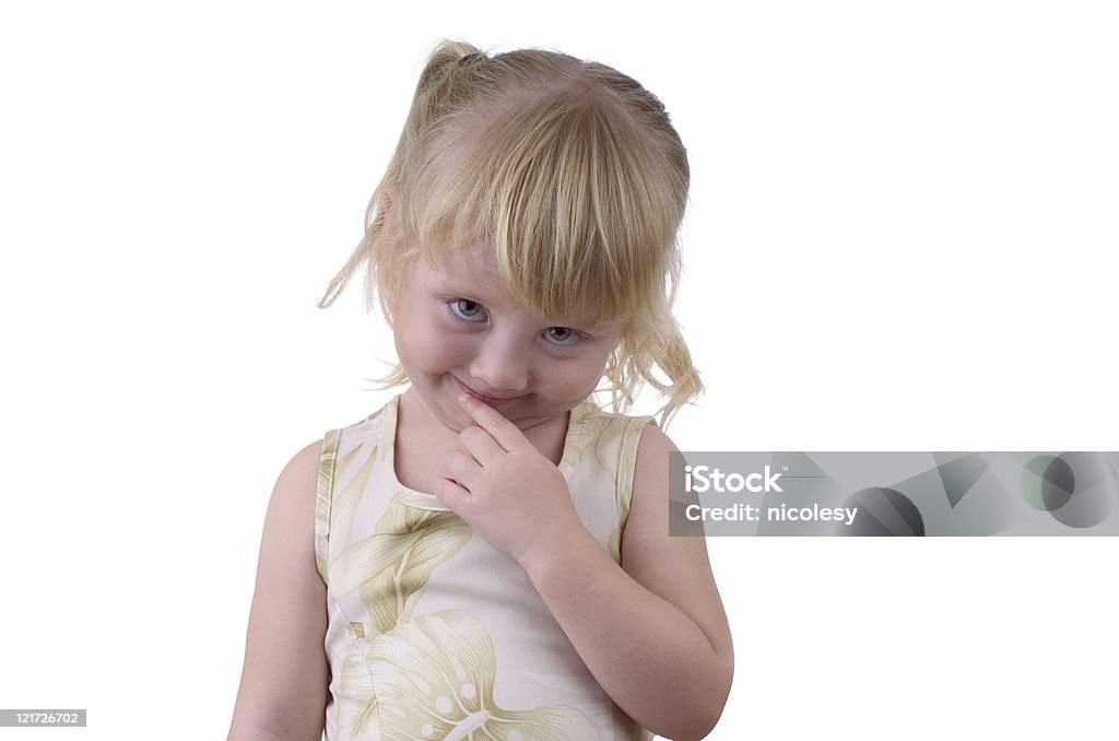 Petite fille timide sur fond blanc - Photo de Blanc libre de droits