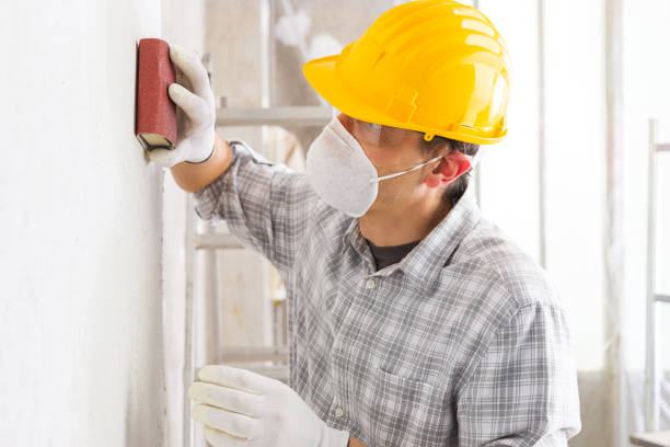 Plasterer or painter sanding a white wall Plasterer or painter sanding the newly plastered surface of a white wall during renovations preparing it for painting in a high key house interior mason craftsperson stock pictures, royalty-free photos & images