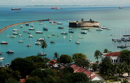 salvador, bahia / brazil - september 3, 2012: View of the Sao Marcelo Fort in Todos os Santos Bay in the city of Salvador.\