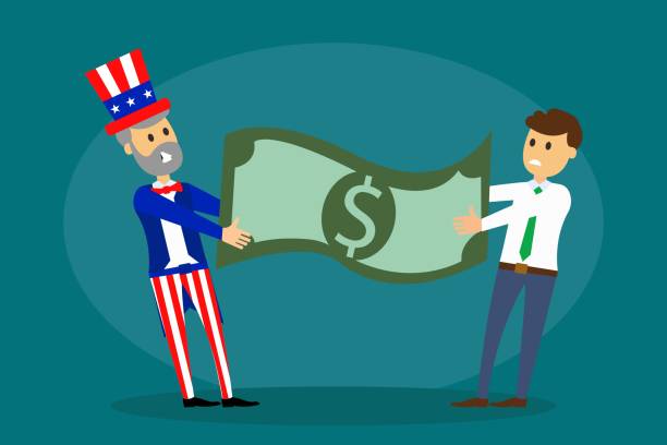 Vector of Uncle Sam taking money of worker Colorful flat style vector of Uncle Sam fighting with average employee for money bill on blue background uncle sam broke stock illustrations