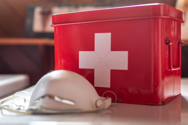 istock N95 respirator and first aid kit. 1217277026