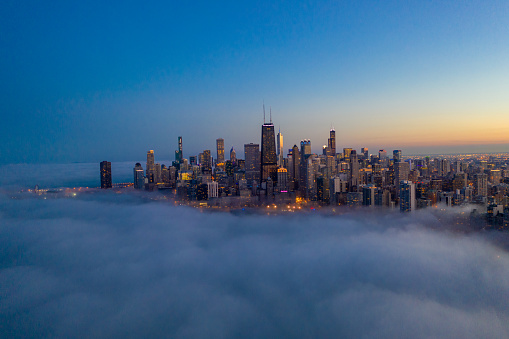 Fog Rolling Over  Downtown Chicago - Aerial - USA