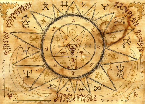istock Ouija spiritual board design with alchemy sings and pentacle on old paper background. 1217283563
