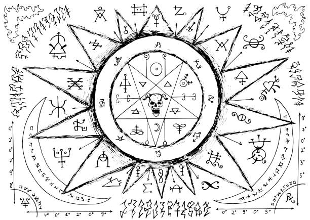 istock Ouija magic spiritual board design with pentagram, demon face and alchemy signs. 1217283572