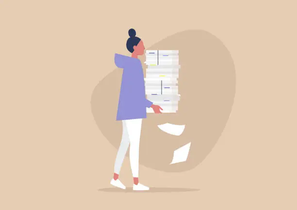 Vector illustration of Bureaucracy concept, young female character carrying a big heap of paper documents, overwhelmed at work