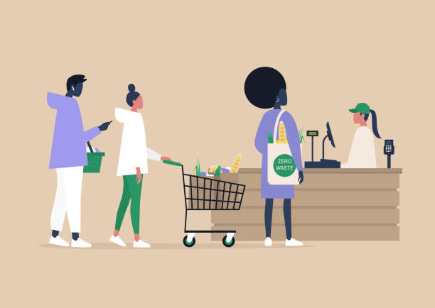 bakkalda kasiyer, süpermarket kasa tezgahında bakkal satın alma müşterilerinin bir çizgi, günlük yaşam - grocery shopping stock illustrations