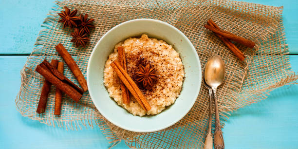 istock porridge and coffee on a table, selective focus, the top view 1217290004