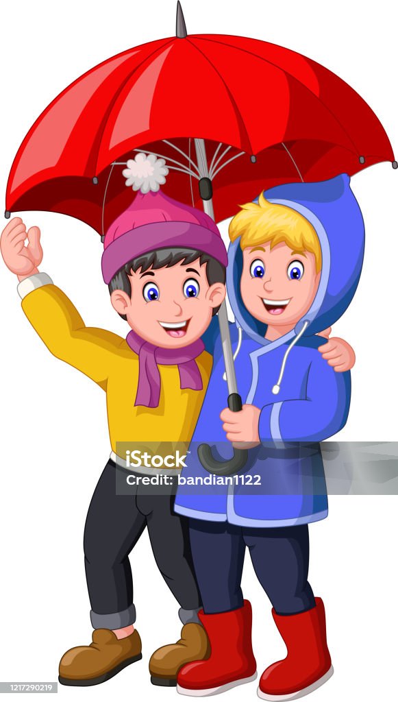 Funny Two Boys Under Red Umbrella In Rainy Day Cartoon Stock Illustration -  Download Image Now - iStock