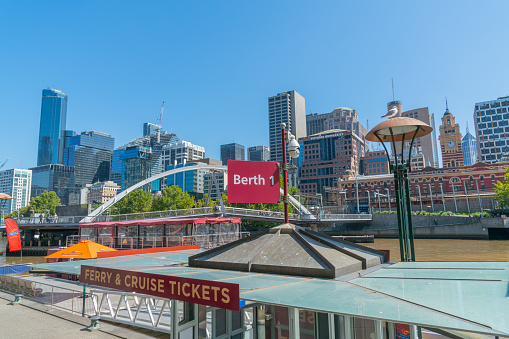 Melbourne Australia - March 10 2020; Berth 1 where Yarra river cruises leave and tickets can be purchased.