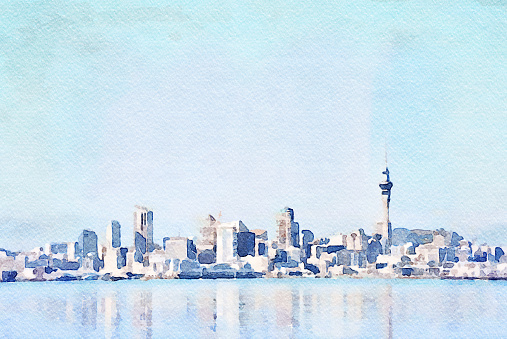 This is my Photographic Image of an Auckland City Skyline in New Zealand/ Aotearoa in a Watercolour Effect. Because sometimes you might want a more illustrative image for an organic look.
