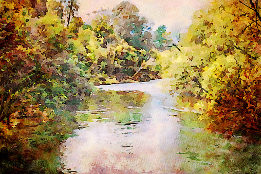 This is my Photographic Image of an Autumnal Riverscape Reflection in a Watercolour Effect. Because sometimes you might want a more illustrative image for an organic look.