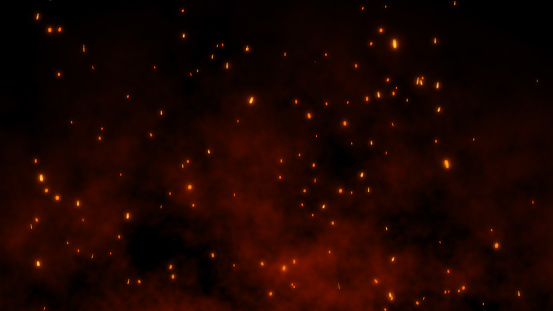 3D Burning embers glowing. Fire Glowing Particles on Black Background