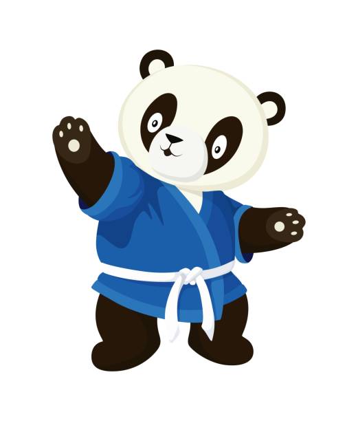 Karate panda in blue kimono. Cartoon style isolated image on white background Karate panda in a blue kimono. Cartoon style isolated image on white background. Kawaii clip art for children. Sport education for kids symbol. Simple panda bear icon or logo design karate pose clip art stock illustrations
