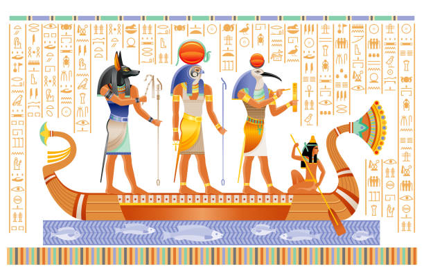 ボートに神々とエジプトのパピルス。アヌビス、ラー、トート、古い歴史的な紙の芸術の古代エジプトの神々。白で分離されたベクトルイラスト。象形文字のスクリプトセットを持つ古代エ� - barque点のイラスト素材／クリップアート素材／マンガ素材／アイコン素材