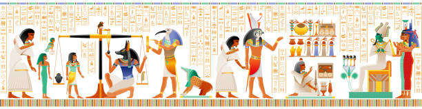 illustrations, cliparts, dessins animés et icônes de un papyrus égyptien sans couture du livre des morts. pesage du cœur, au-delà du rituel duat. osiris jugement échelles paire illustration vectorielle. gods anubis, thoth, isis. papyrus d’egypte ancienne, texte hiéroglyphe - hiéroglyphes