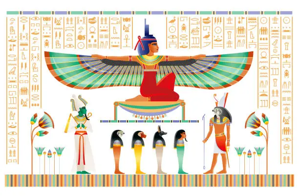 Vector illustration of Egyptian papyrus with gods and goddess. Isis with wings, Horus, Osiris, ancient Egyptian deitiy in old historical paper art. Vector illustration isolated on white. Ancient Egypt papyrus hieroglyph set