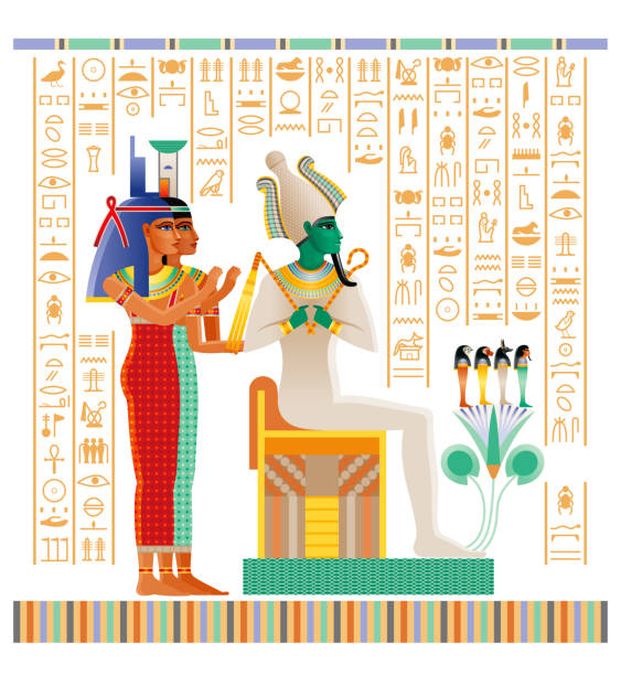 ägyptischer papyrus aus demtotbuch mit jenseitsritual in duat. osiris urteil vektor-illustration. gott osiris, göttinnen isis und nephthys. antikes ägypten papyrus mit hieroglyphentext - pharao stock-grafiken, -clipart, -cartoons und -symbole