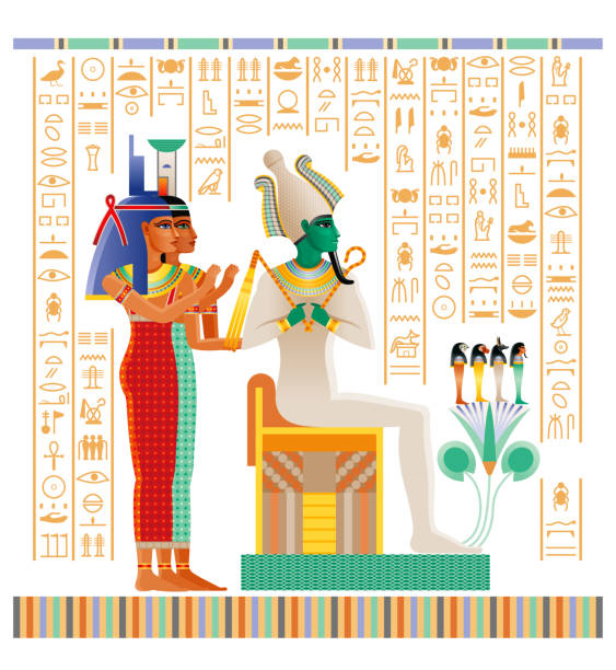 egipski papirus z księgi umarłych z rytuałem życia pozagrobowego w duat. ilustracja wektorowa wyroku ozyrysa. bóg ozyrys, boginie izydy i nefrys. starożytny egipt papirus z tekstem hieroglifów - pharaoh stock illustrations