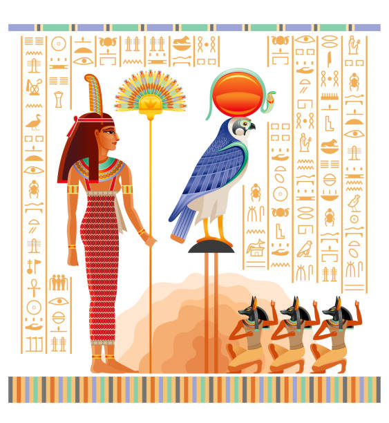 ilustraciones, imágenes clip art, dibujos animados e iconos de stock de papiro egipcio con ilustración de la tumba de nakht en luxor, vector duat después de la vida. dioses ra y anubis, diosa maat con plumas de avestruz y abanico. vector antiguo egipto papiro con texto jeroglífico - diosa de la justicia y de la verdad