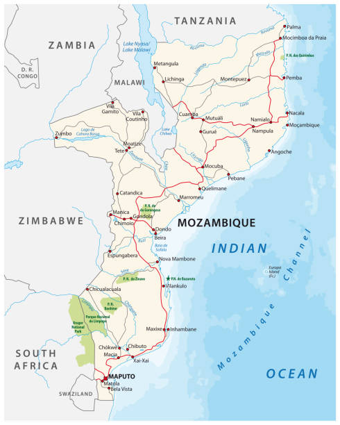 mapa wektorowa dróg i parku narodowego mozambiku - kruger national park illustrations stock illustrations