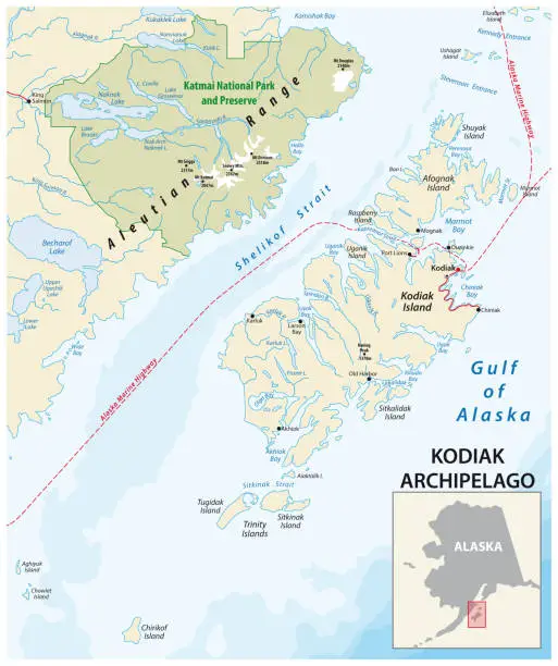 Vector illustration of vector map of Kodiak Archipelago belonging to the US state of Alaska