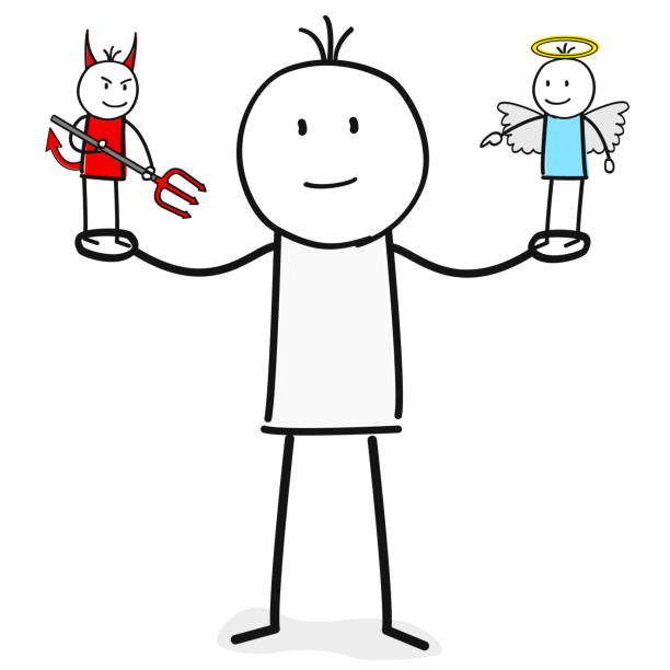 палка фигура должна решить морально - expressing positivity devil angel moral dilemma stock illustrations