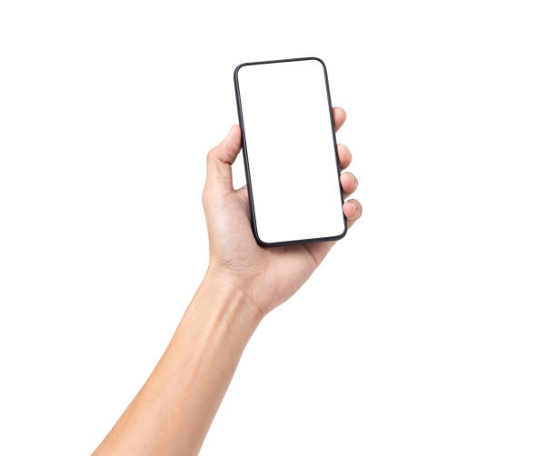 istock Hand man holding mobile smartphone with blank screen isolated on white background with clipping path 1217303343