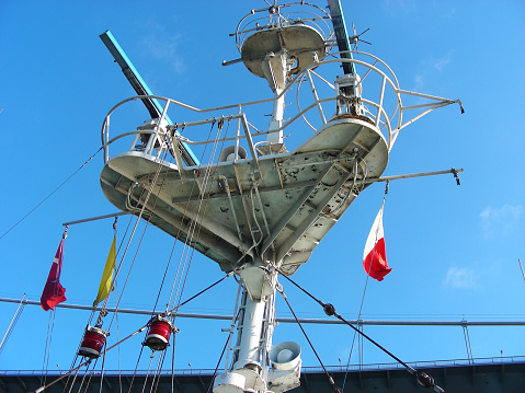 Spinning antenna radar on the ship. Communication on the ship.