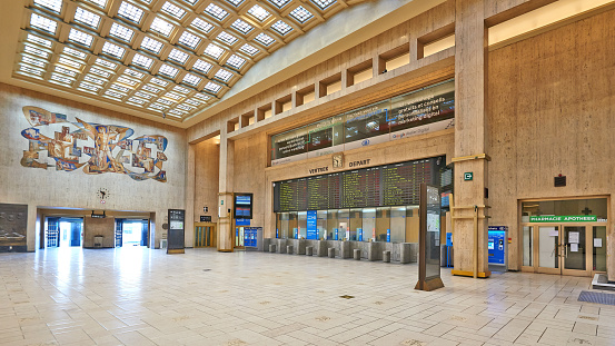 Brussels, Belgium - April 05, 2020: Empty Interior of the main lobby of Brussels Central Train Station during the confinement period.