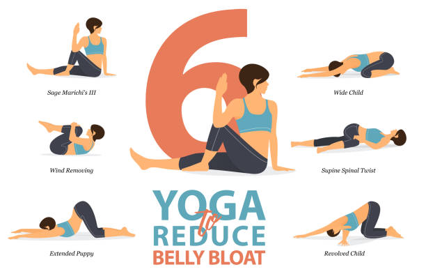 illustrazioni stock, clip art, cartoni animati e icone di tendenza di infografica di 6 pose yoga per ridurre il gonfiore della pancia in un design piatto. la donna di bellezza sta facendo esercizio fisico per la perdita di peso corporeo. set di infografica sequenza yoga. vettore dei cartoni animati yoga - exercising sport cartoon male