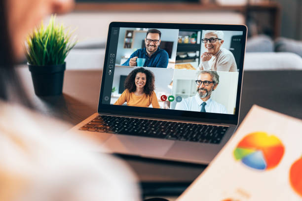 Business team in video conference Modern Multiethnic business team having discussion and online meeting in video call eastern european descent stock pictures, royalty-free photos & images