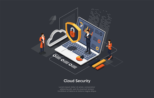 Isometric Cloud Security Technology, Digital Padlock Concept. People Provide Protection Of Data, Cloud Services Of Hacker Attacks. Big Laptop With Business People, Infographic. 3D Vector Illustration.