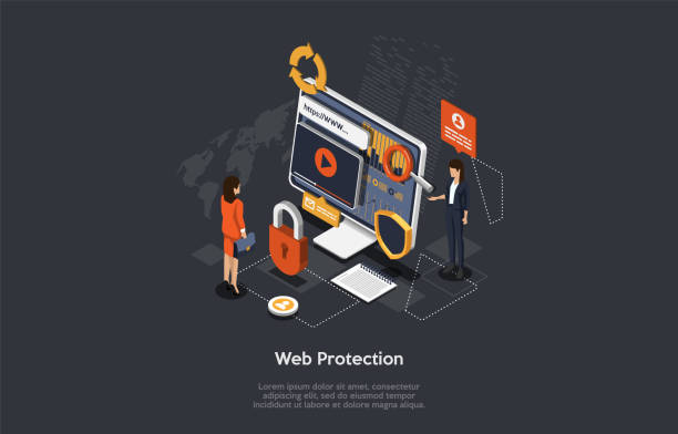 ilustraciones, imágenes clip art, dibujos animados e iconos de stock de concepto de protección web isométrica. protección de la seguridad de la red y el concepto seguro de datos con personas de negocios. plantillas de diseño de páginaweb ciberseguridad. prevención del delito digital. ilustración vectorial 3d - technology business support violence