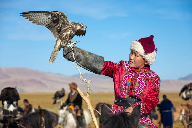 joven mongol con su halcón. - asia central fotografías e imágenes de stock