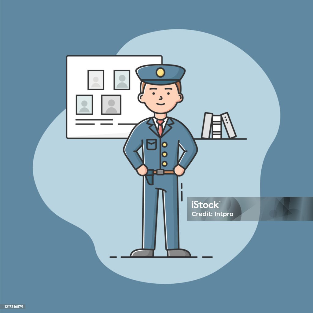 Ilustración de Personas Diferentes Profesiones Día Nacional Del Trabajo  Vacacional Policía De Uniforme Forma Azul Hombre Seguro De Sí Mismo Con Un  Uniforme Azul Dibujos Animados Esquema Lineal Estilo Plano Ilustración  Vectorial