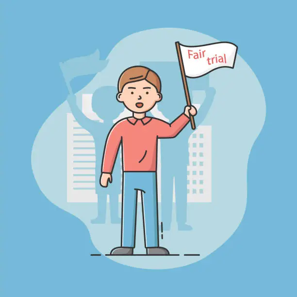 Vector illustration of Mass Protest Action Concept. Dissatisfied Man Take Part In Strike, Holding Big Protest Banner With Fair Trial Sign. Male Character Defends His Rights. Cartoon Linear Outline Flat Vector Illustration