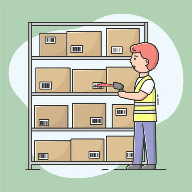 Vector illustration of Concept Of Warehouse. Storehouse Cheerful Worker In Uniform Scan Parcels By Barcode Scanner. Warehouse With Cardboard Boxes On Rack And Staff. Cartoon Linear Outline Flat Style. Vector Illustration