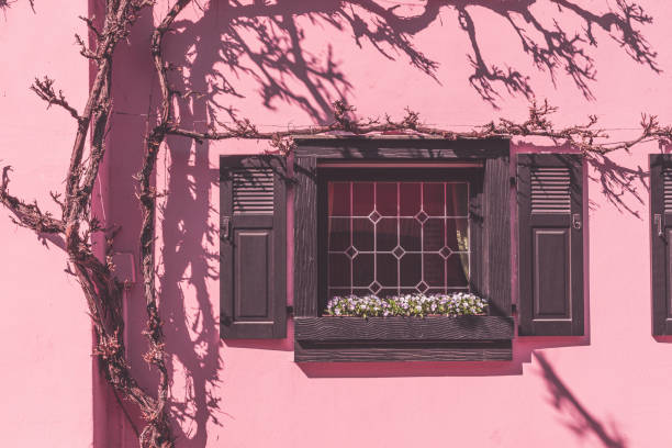 istock Colorful historic pink house with mullioned window 1217320203