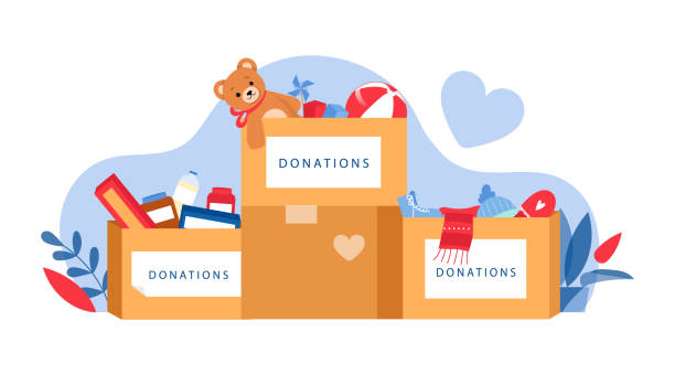 Concept Of Social Care, Clothes And Toys Donations. Boxes With Things And Toys To Donation For Needing. Products for Help to Poor People in Shelter. Cartoon Linear Outline Flat Vector Illustration Concept Of Social Care, Clothes And Toys Donations. Boxes With Things And Toys To Donation For Needing. Products for Help to Poor People in Shelter. Cartoon Linear Outline Flat Vector Illustration. clothing donation stock illustrations