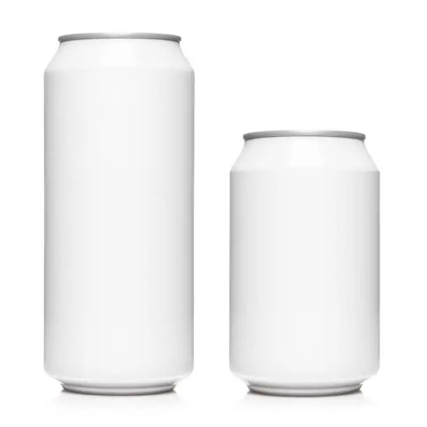 Photo of White 500ml and 330ml aluminium cans on white