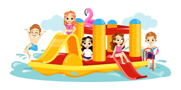 ilustrações de stock, clip art, desenhos animados e ícones de concept of leisure in aquapark. cheerful children are playing together on water playground. kids are playing and enjoying at waterpark diving and splaching. cartoon flat style. vector illustration - splaching