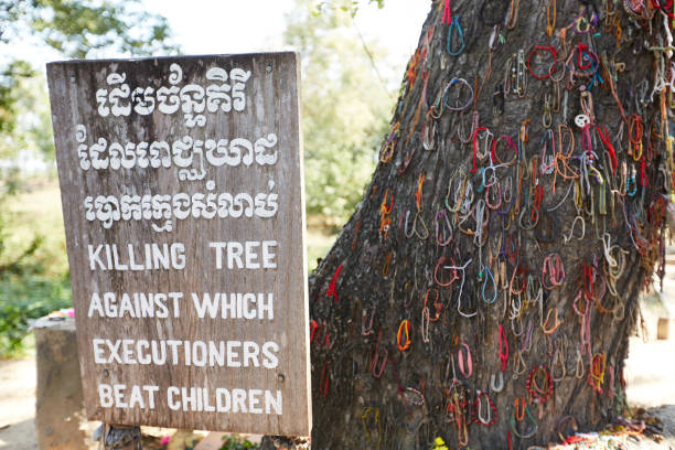 ein schild mit informationen vor dem tötungsbaum der roten khmer - völkermord in kambodscha stock-fotos und bilder
